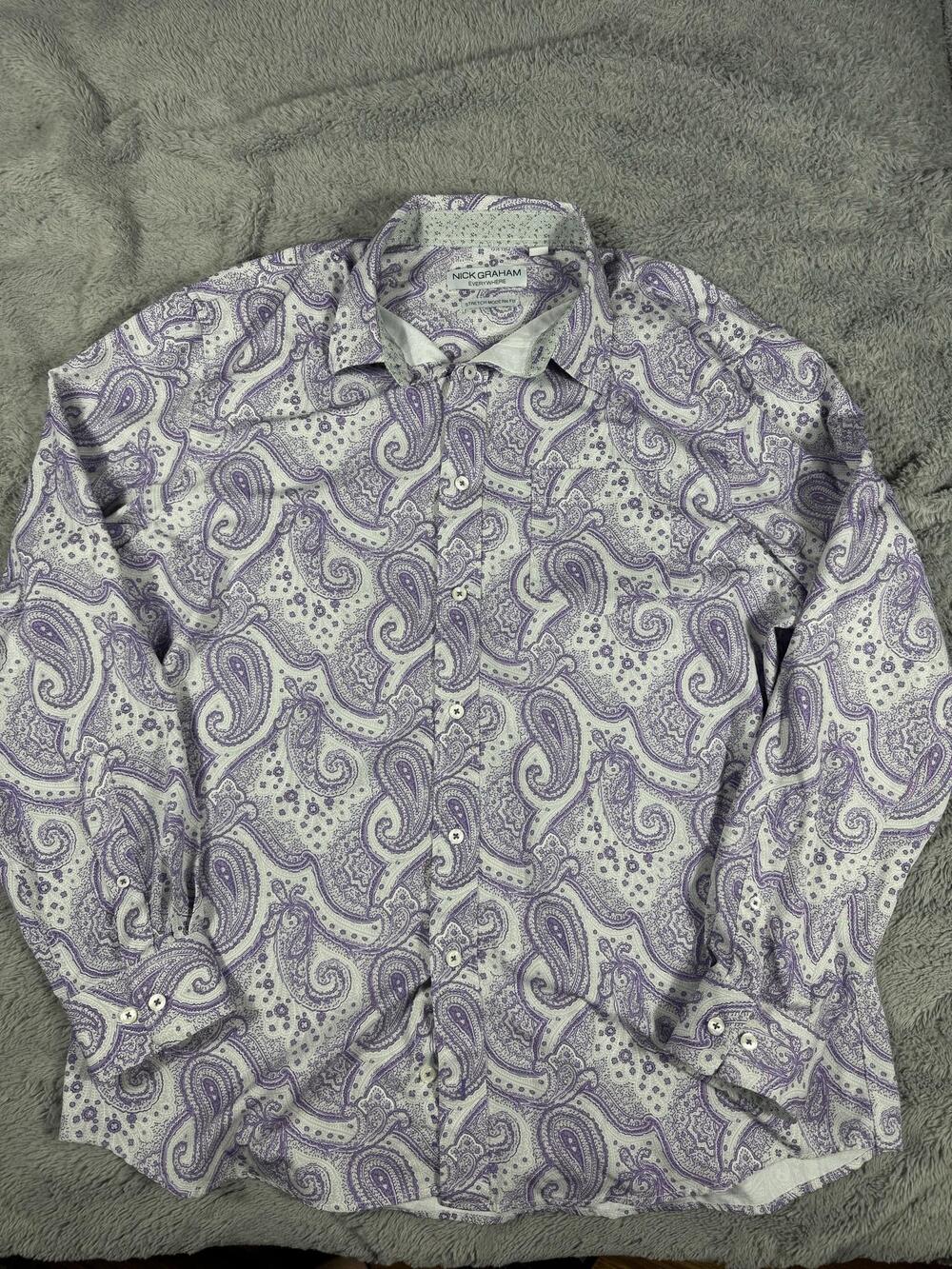 Nick Graham Dress Shirt Mens XL Purple Paisley Stretch Modern Fit Woven LS